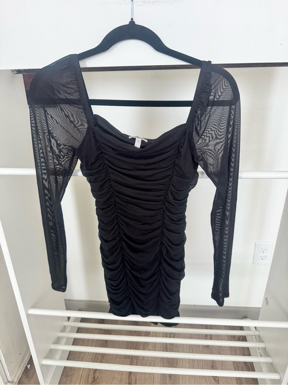 Leith Black Ruched Mesh-Sleeve Bodycon Mini Dress